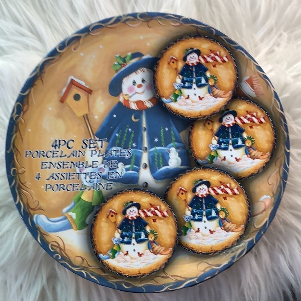 Christmas snowman Side Plates 8" Boxed Set Of 4 Elica Home Trends